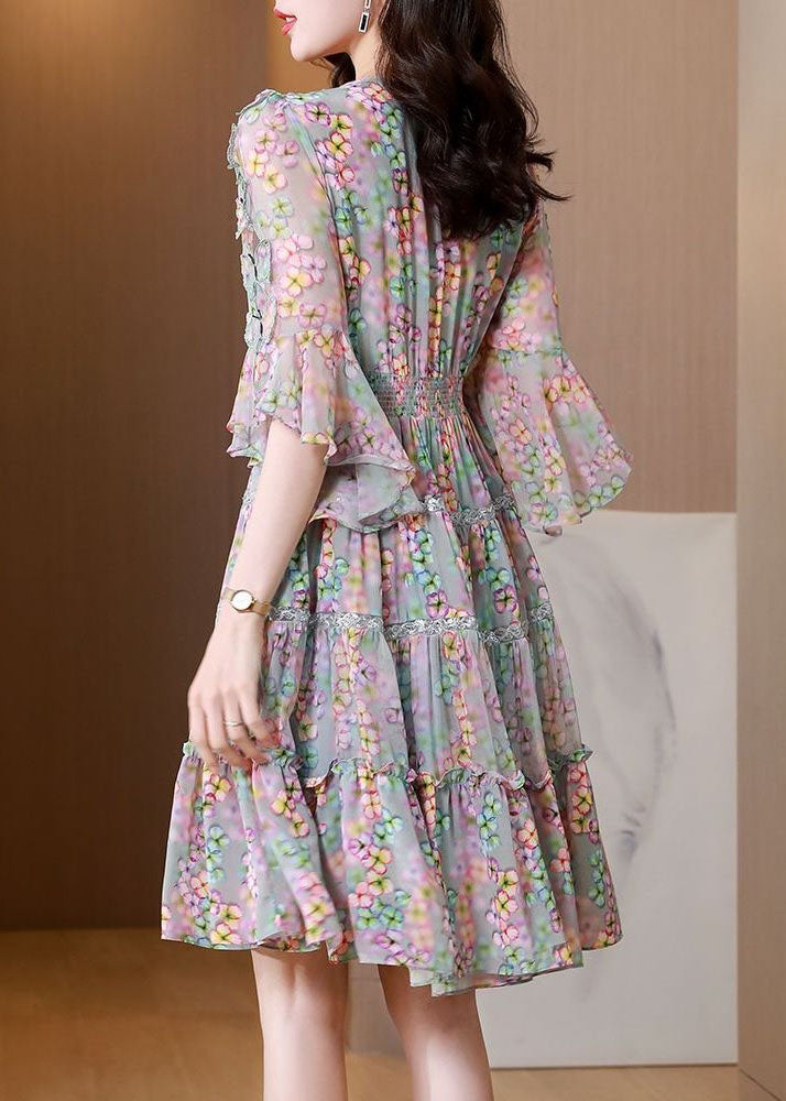 Floral Print Deep V-Neck Ruffle Trim Bell Sleeve Lace Tiered Mini Dress