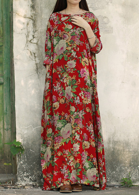 Vintage Dark Red O-Neck Pocket Print Cotton Long Dresses Long Sleeve (Limited Stock)