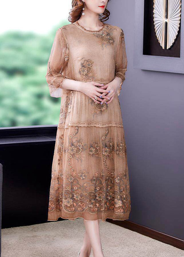 Floral Embroidered Lace Trim Tiered Three-Quarter Sleeve Mesh Overlay A-Line Midi Dress