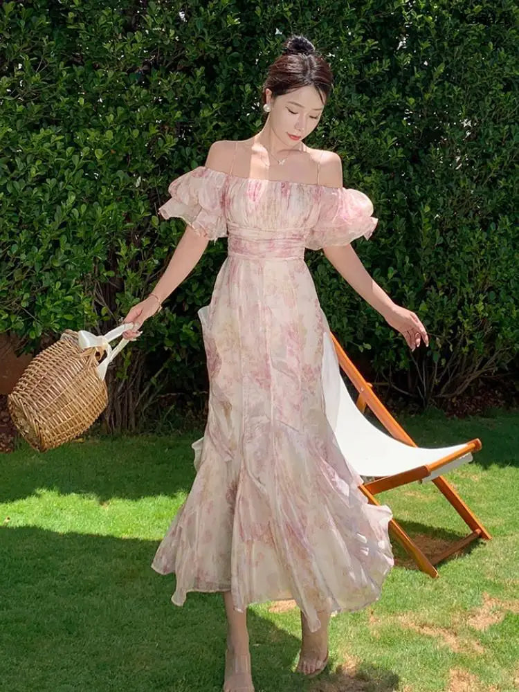 Floral Off Shoulder Ruffle Sleeve Tiered Chiffon Maxi Dress
