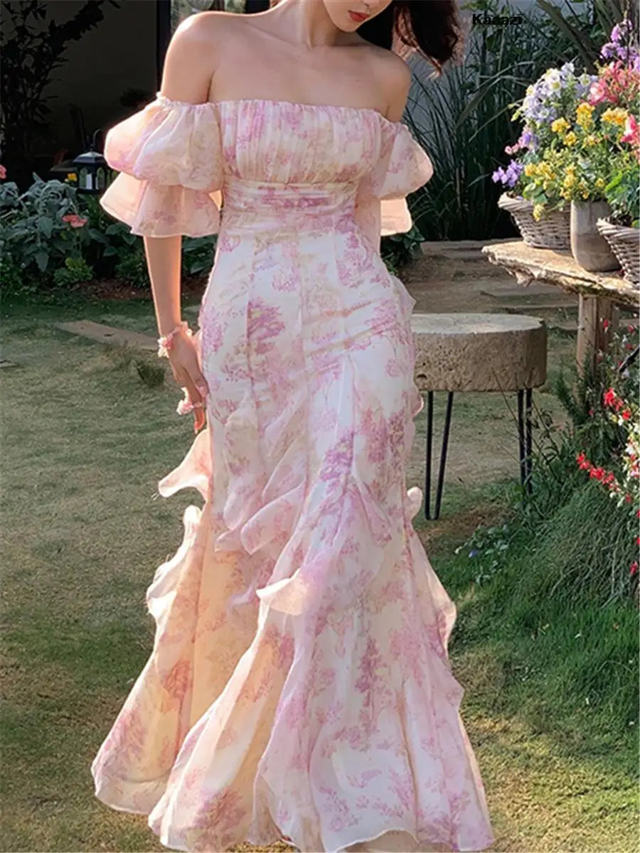 Floral Off Shoulder Ruffle Sleeve Tiered Chiffon Maxi Dress