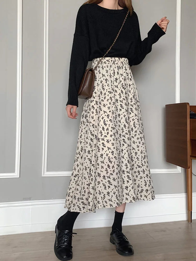 Vintage Floral Print Aline Pleated Streetwear Drawstring Midi Skirt