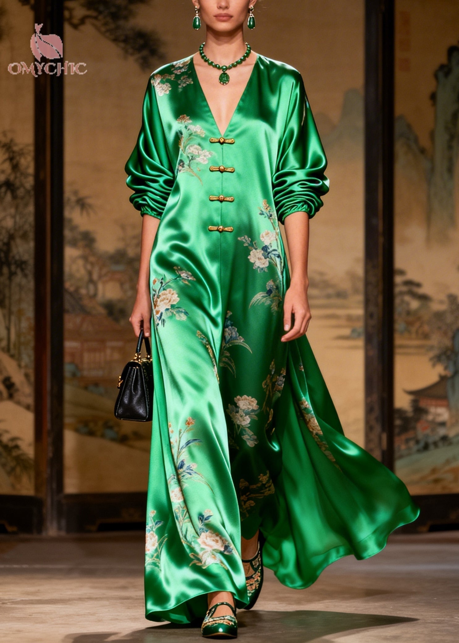 Floral Print Deep V-Neck Frog Toggle Balloon Sleeve Palazzo Wide Leg Jumpsuit