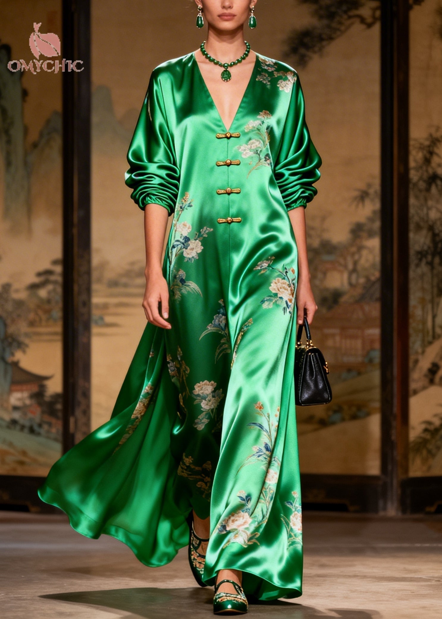 Floral Print Deep V-Neck Frog Toggle Balloon Sleeve Palazzo Wide Leg Jumpsuit
