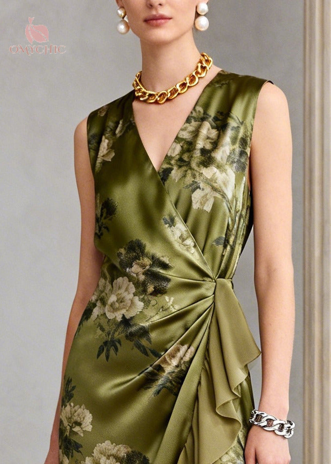 Vintage Green Ruffled Print Chiffon Long Dress Sleeveless - View 2