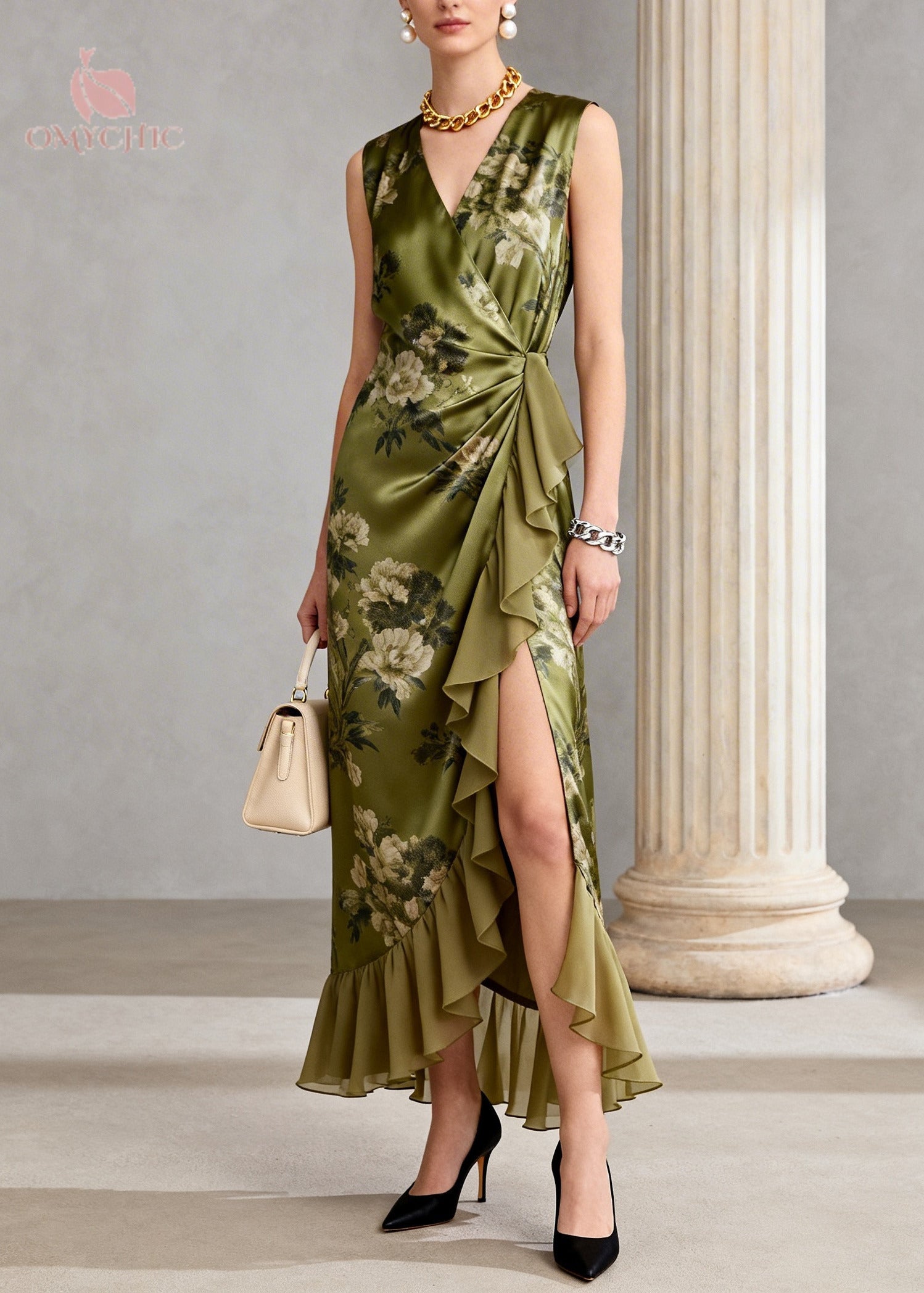 Vintage Green Ruffled Print Chiffon Long Dress Sleeveless - View 5