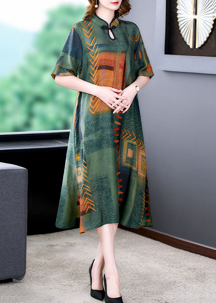 Abstract Geometric Print Mandarin Collar Frog Button Short Sleeve Side Slit Shift Midi Dress