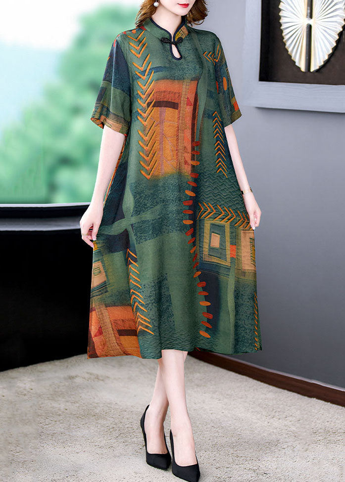 Abstract Geometric Print Mandarin Collar Frog Button Short Sleeve Side Slit Shift Midi Dress