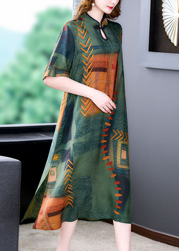 Abstract Geometric Print Mandarin Collar Frog Button Short Sleeve Side Slit Shift Midi Dress