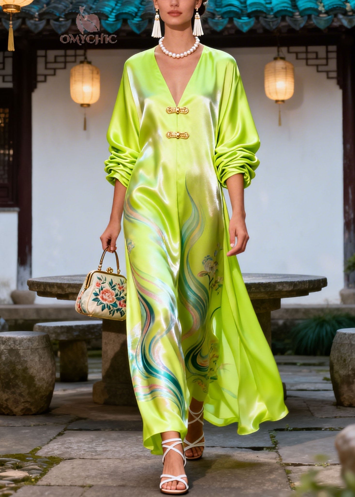 Satin Swirl Floral Print Deep V-Neck Frog Closure Blouson Sleeve Wide Leg Jumpsuit