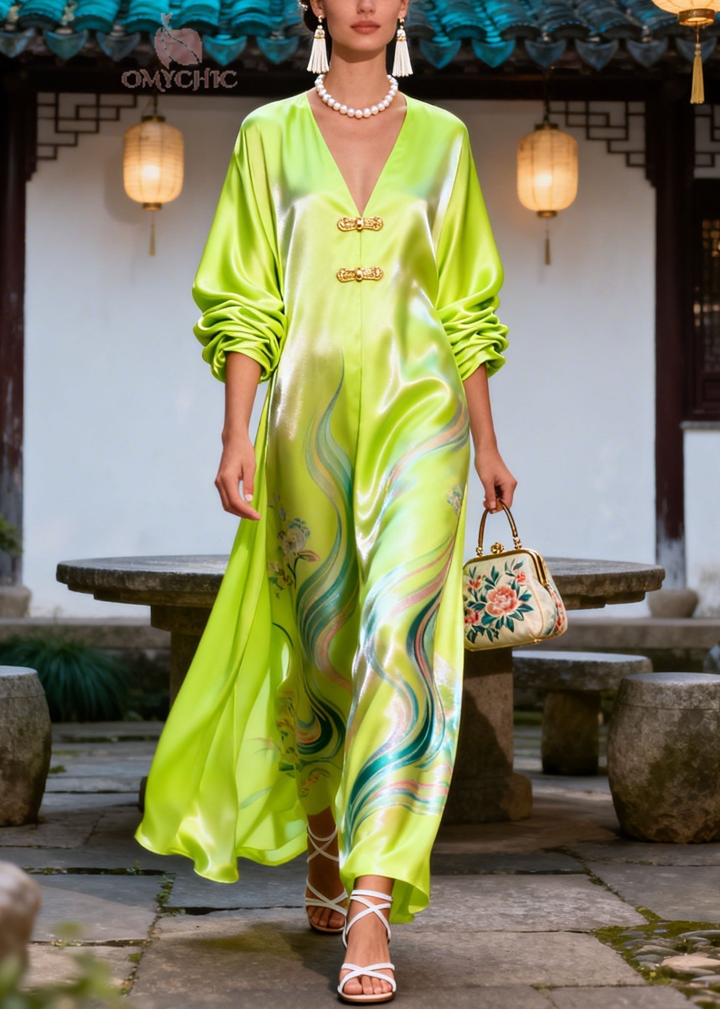 Satin Swirl Floral Print Deep V-Neck Frog Closure Blouson Sleeve Wide Leg Jumpsuit