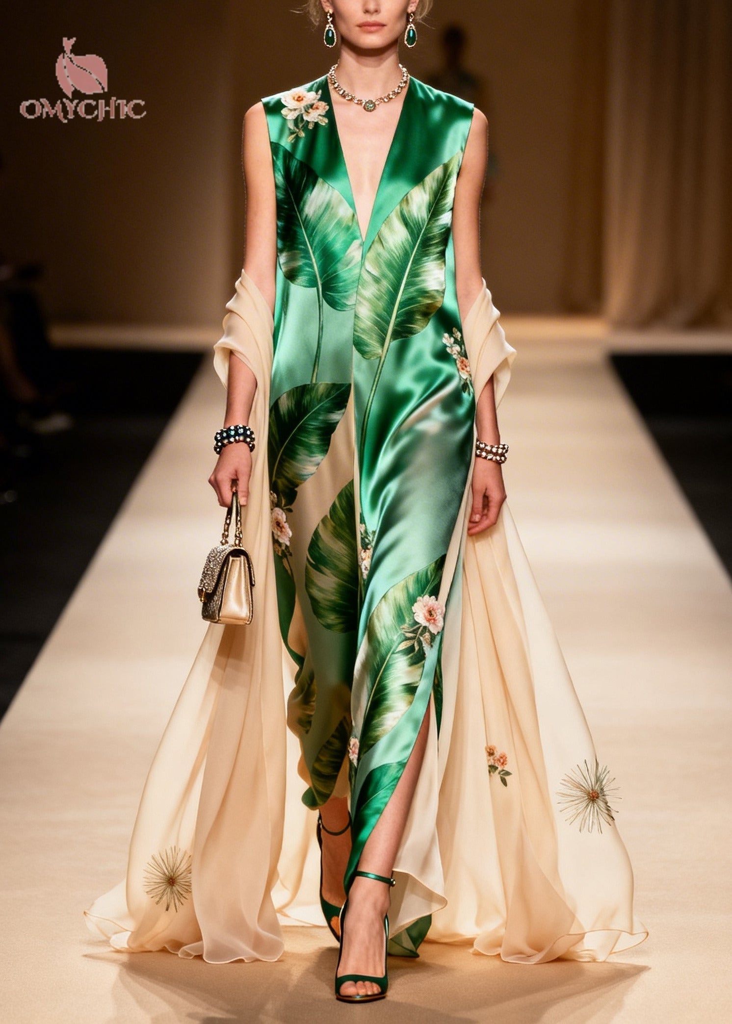 Tropical Floral Print Deep V-Neck Sleeveless Embroidered Cape Maxi Gown