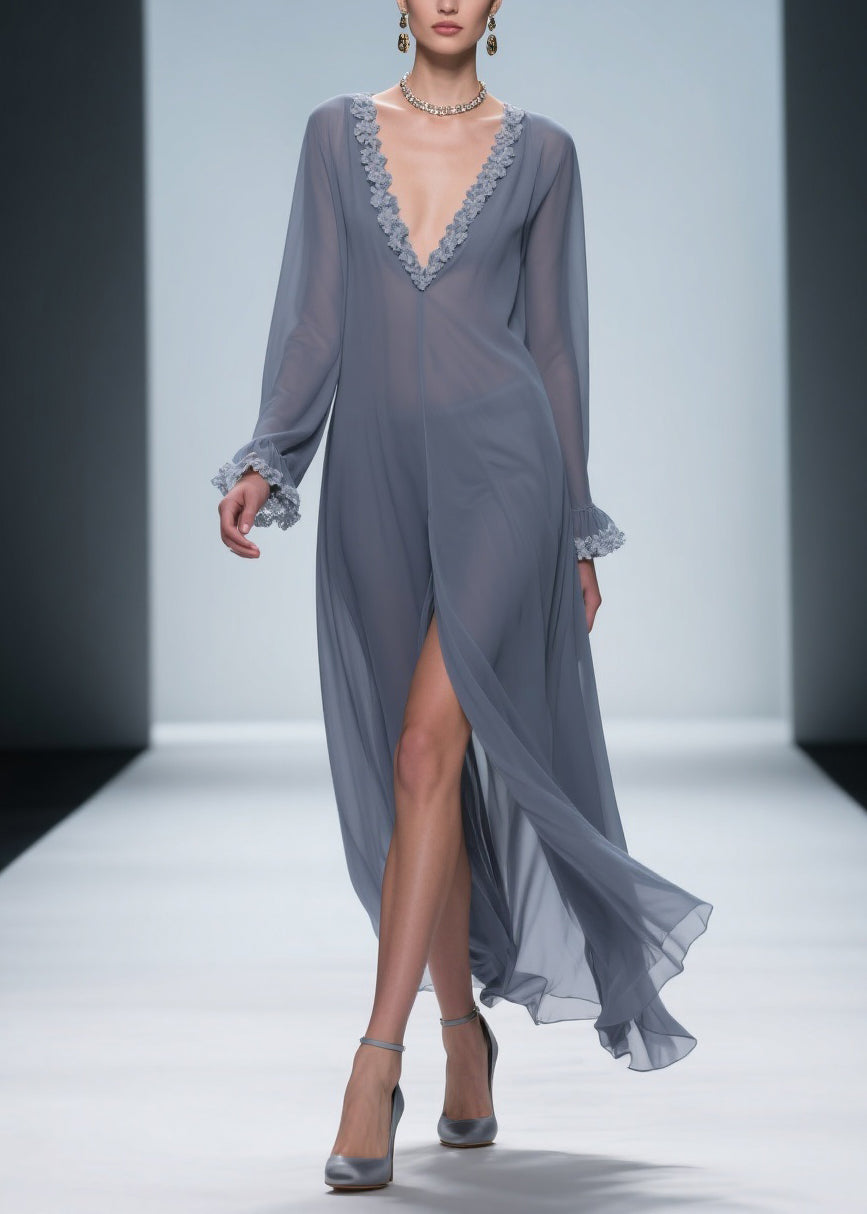 Chiffon Deep V-Neck Ruffle Cuff Lace Trim Center Slit Maxi Gown