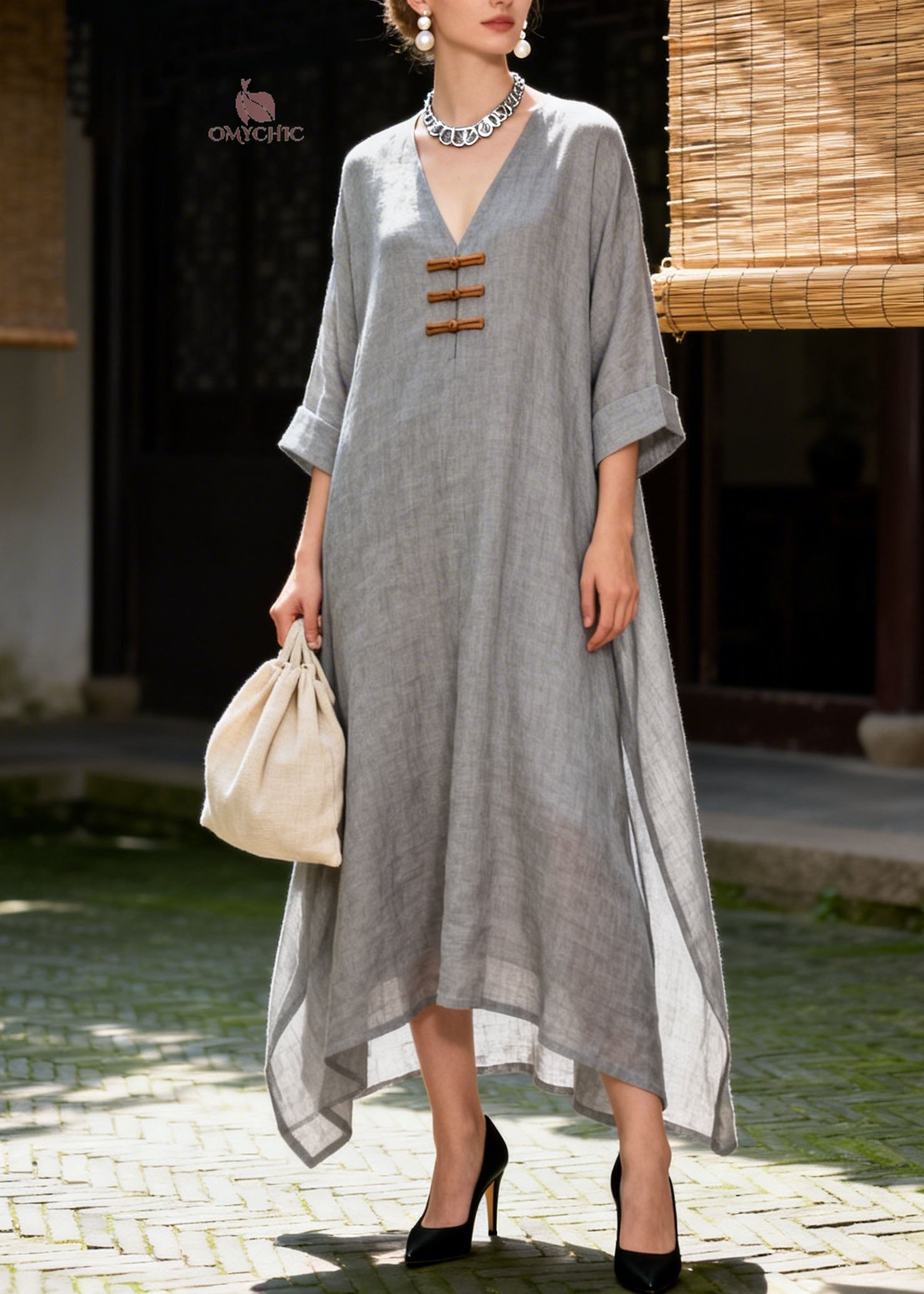 Vintage Grey V Neck Patchwork Cotton Long Dress Summer