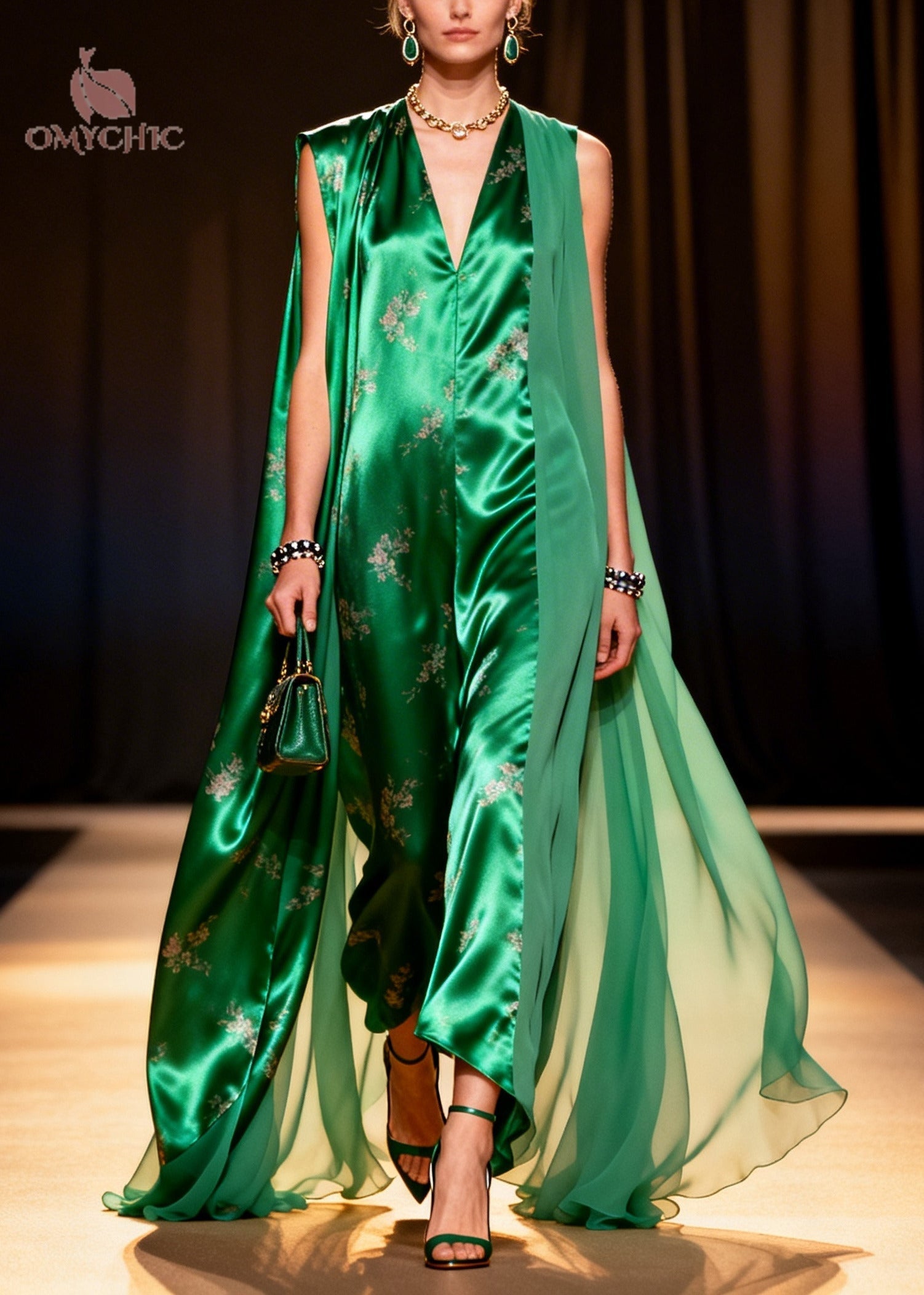 Vintage Peacock Green Oversized Patchwork Exra Large Hem Silk Dresses Sleeveless