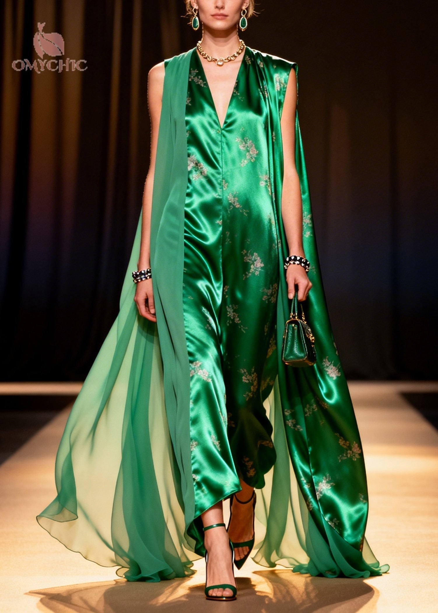 Satin Floral Deep V-Neck Sleeveless Cape Wide Leg Jumpsuit