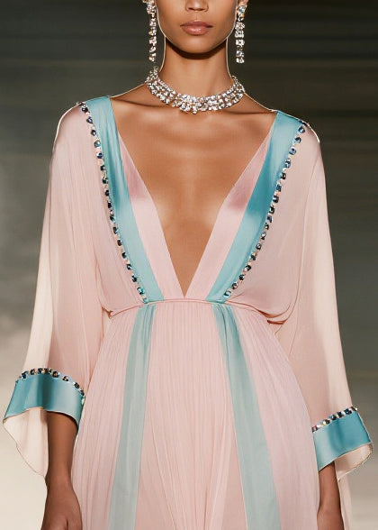 Vintage Pink Patchwork Side Open Chiffon Maxi Dress Summer - View 2