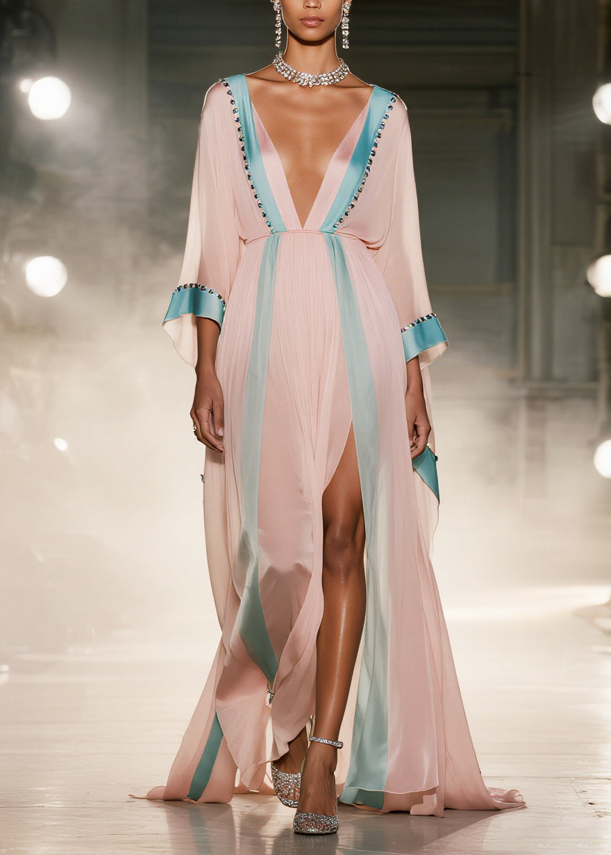 Vintage Pink Patchwork Side Open Chiffon Maxi Dress Summer - View 5