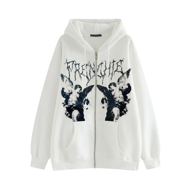 Vintage Printed Zip Up Hoodie White / M Sweatshirts & Hoodies-L