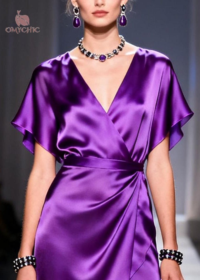 Satin Wrap Deep V-Neck Flutter Sleeve High Low Ruffle Hem Midi Dress