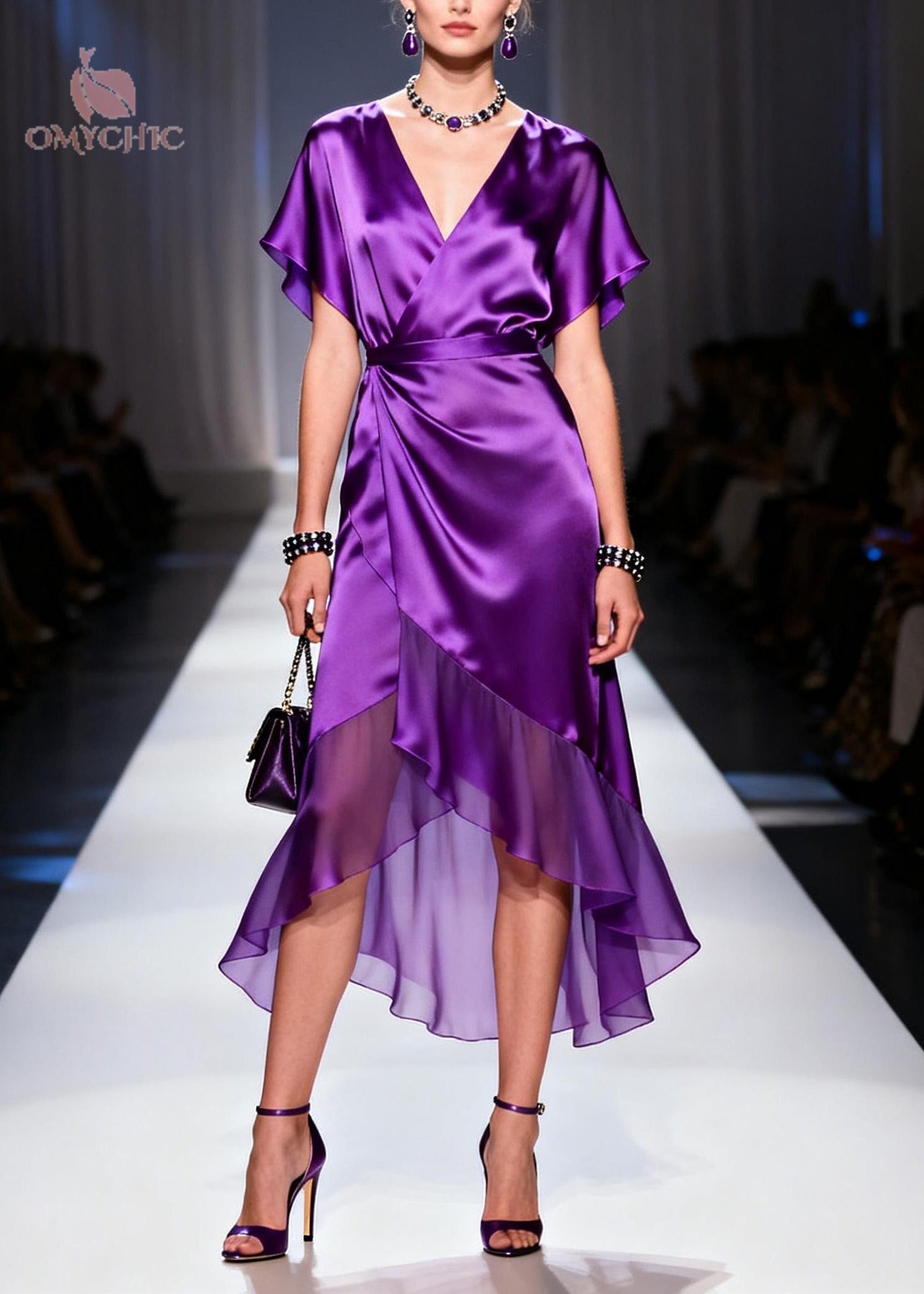 Satin Wrap Deep V-Neck Flutter Sleeve High Low Ruffle Hem Midi Dress