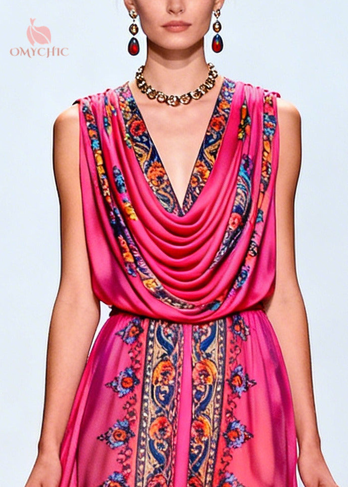 Paisley Print Cowl Neck Sleeveless High Low 3D Floral Trim Midi Party Dress