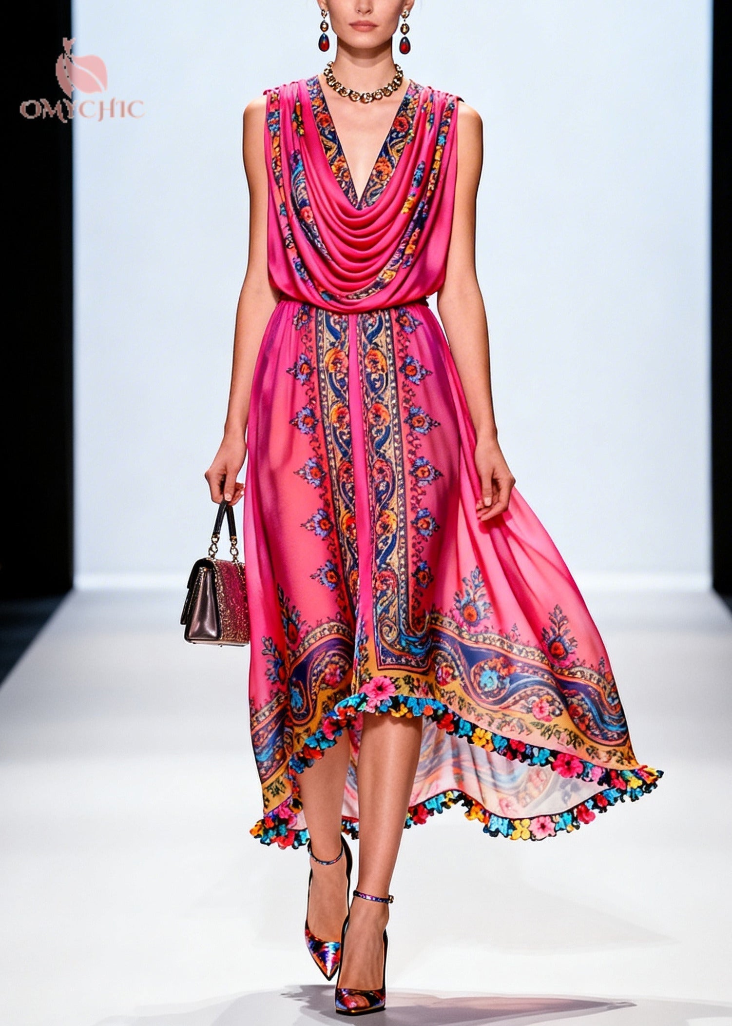 Paisley Print Cowl Neck Sleeveless High Low 3D Floral Trim Midi Party Dress