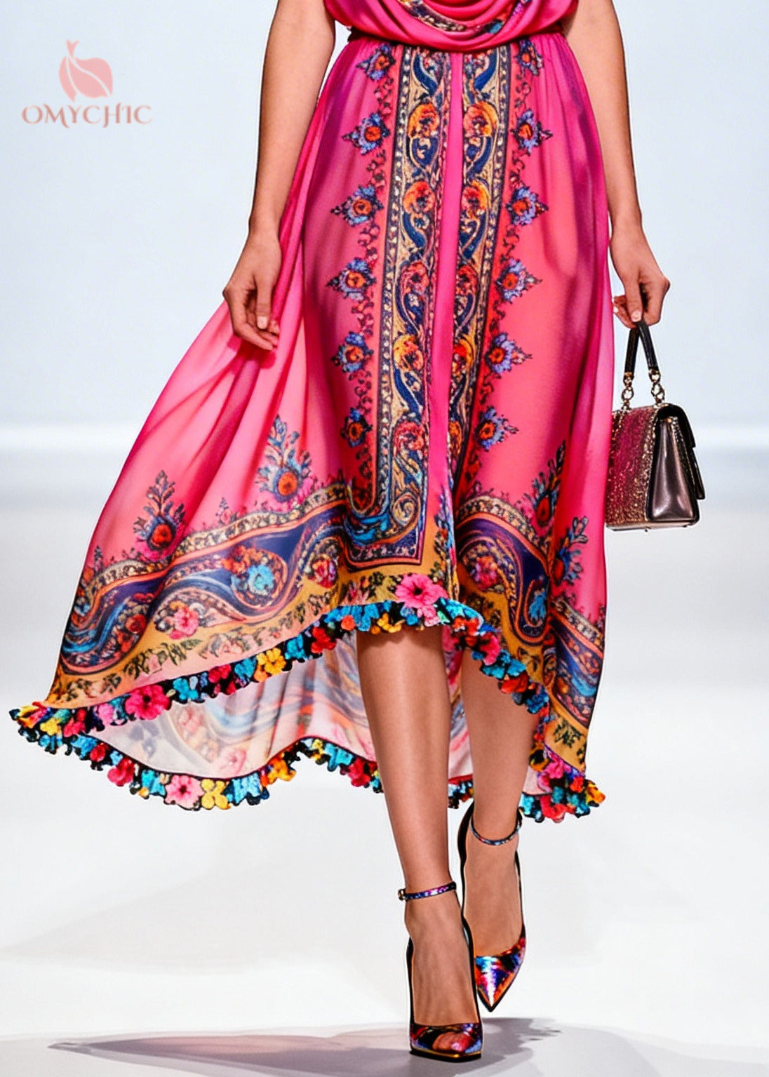Paisley Print Cowl Neck Sleeveless High Low 3D Floral Trim Midi Party Dress