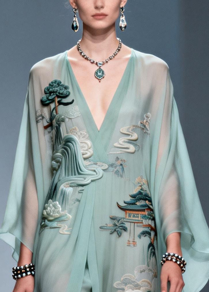 Deep V-Neck Batwing Sleeve High Split Chiffon Kaftan Maxi Dress - View 2