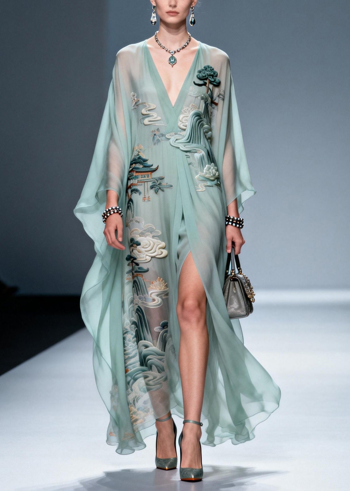 Deep V-Neck Batwing Sleeve High Split Chiffon Kaftan Maxi Dress - View 3