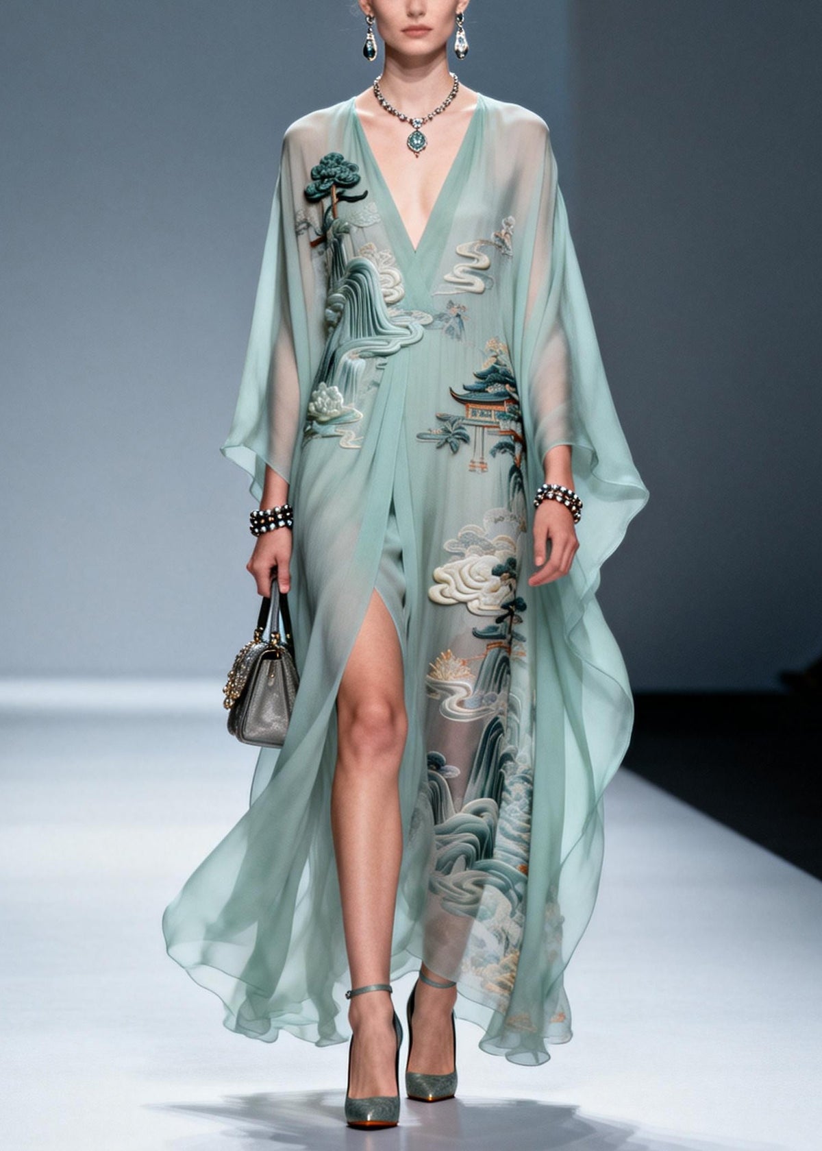 Deep V-Neck Batwing Sleeve High Split Chiffon Kaftan Maxi Dress - View 5