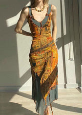 Vintage V Neck Asymmetrical Print Tulle Patchwork Long Spaghetti Strap Dress Summer 3