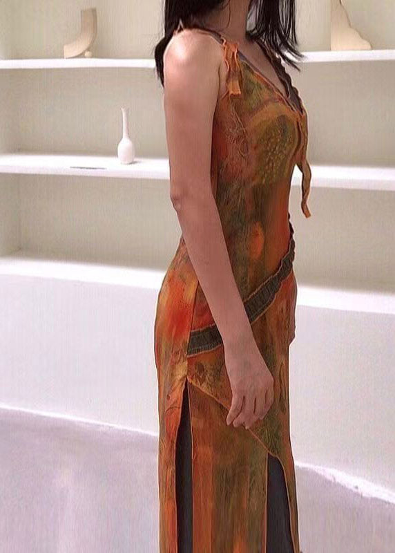Vintage V Neck Asymmetrical Print Tulle Patchwork Long Spaghetti Strap Dress Summer 5