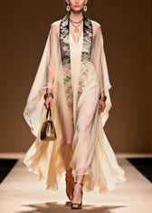 Vintage White Oversized Dragon Pattern Chiffon Dresses Two Piece Set Summer
