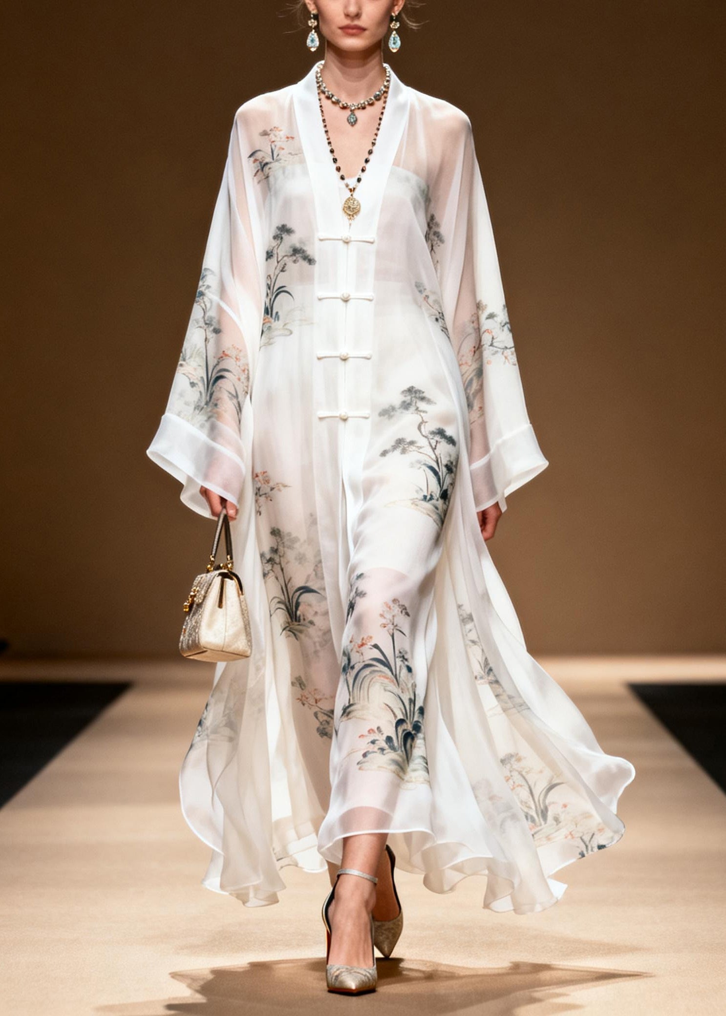 Chiffon Frog Button Draped Layered Kimono Sleeve Maxi Dress