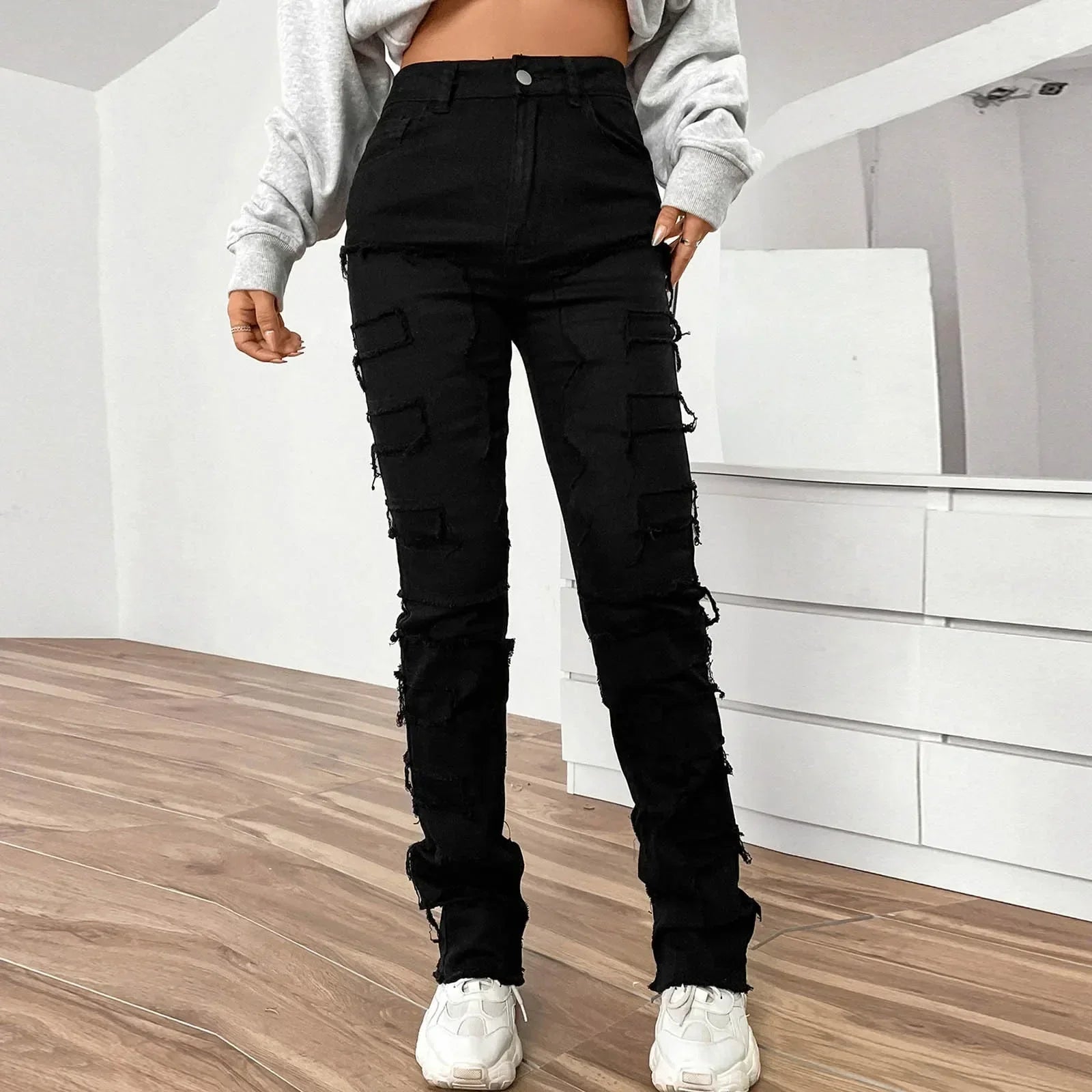 Vintage Denim Embroidered Stacked Jeans Black / S