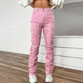 Vintage Denim Embroidered Stacked Jeans Pink / S