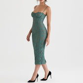 Lace Bustier Spaghetti Strap Bodycon Midi Dress 2