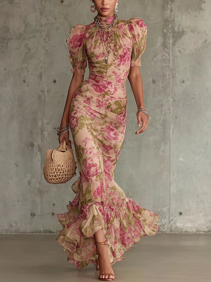 Floral Print High Neck Puff Sleeve Ruffle Hem Mermaid Maxi Dress