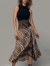 High Neck Sleeveless Animal Print Faux Two Piece Midi Dress