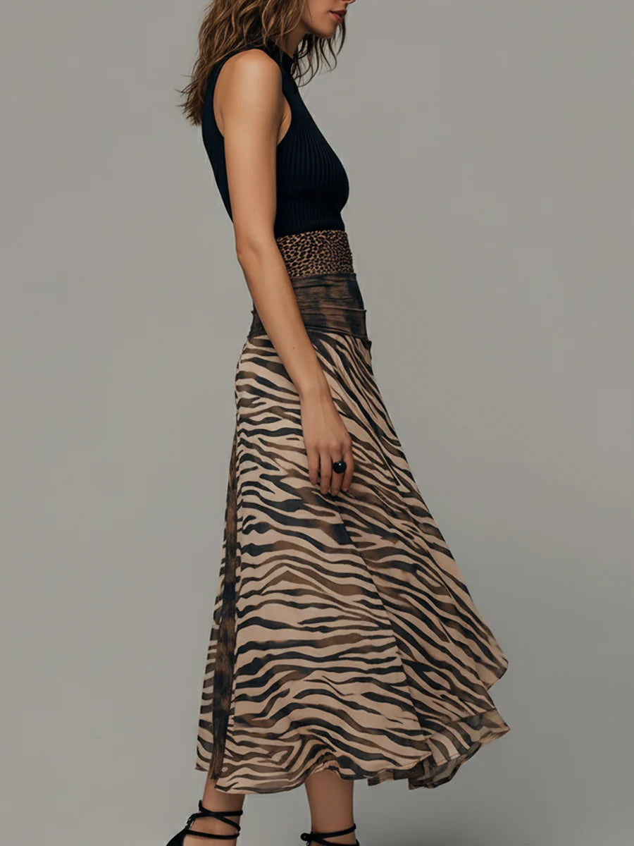 High Neck Sleeveless Animal Print Faux Two Piece Midi Dress 3