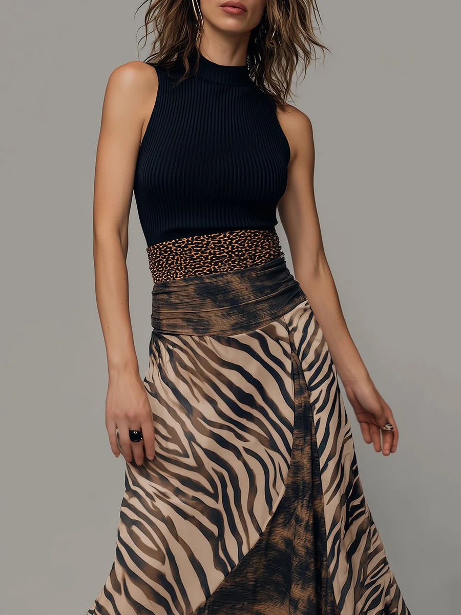 High Neck Sleeveless Animal Print Faux Two Piece Midi Dress 4