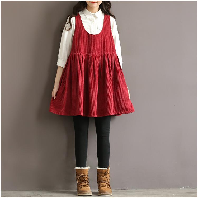 Vintage burgundy oversize casual spring dress corduroy high waist dress