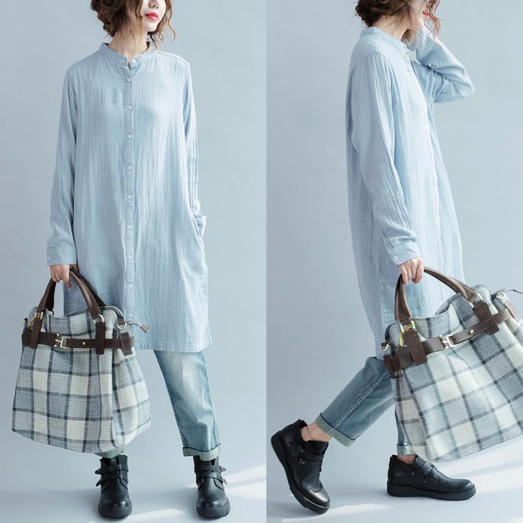 Vintage light blue cotton dresses oversize shift dress womens long sleeve cotton shirt