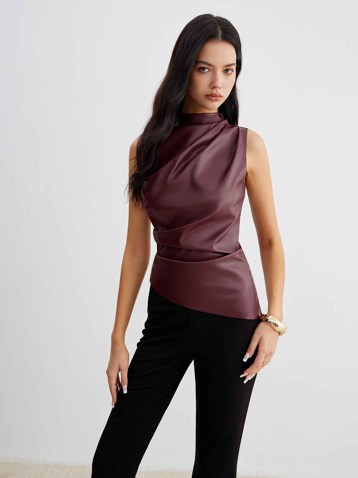 Chic Structured Faux Leather Tank Top with Elegant Design & Comfortabl