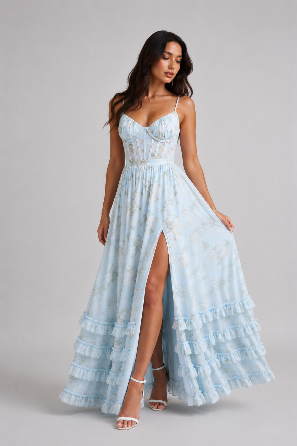 Floral Print Corset Bodice High Split Ruffle Hem Maxi Dress
