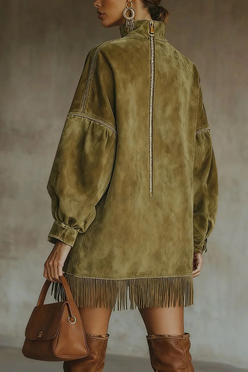 Suede High Neck Long Sleeve Fringe Pocket Mini Dress 4