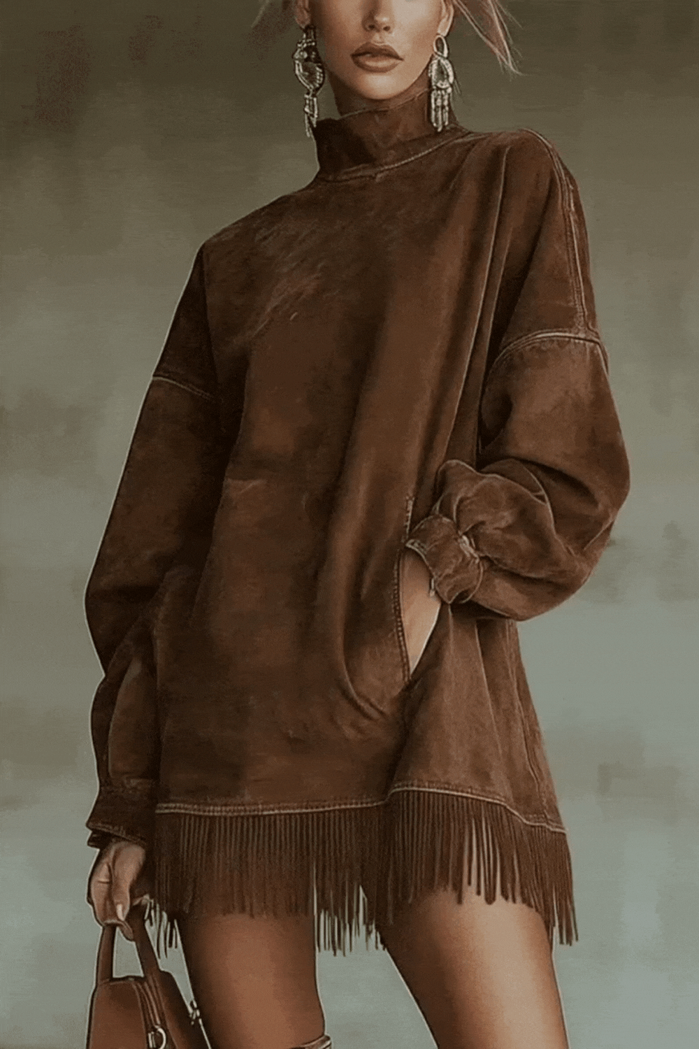 Suede High Neck Long Sleeve Fringe Pocket Mini Dress 9