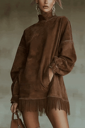 Suede High Neck Long Sleeve Fringe Pocket Mini Dress 9