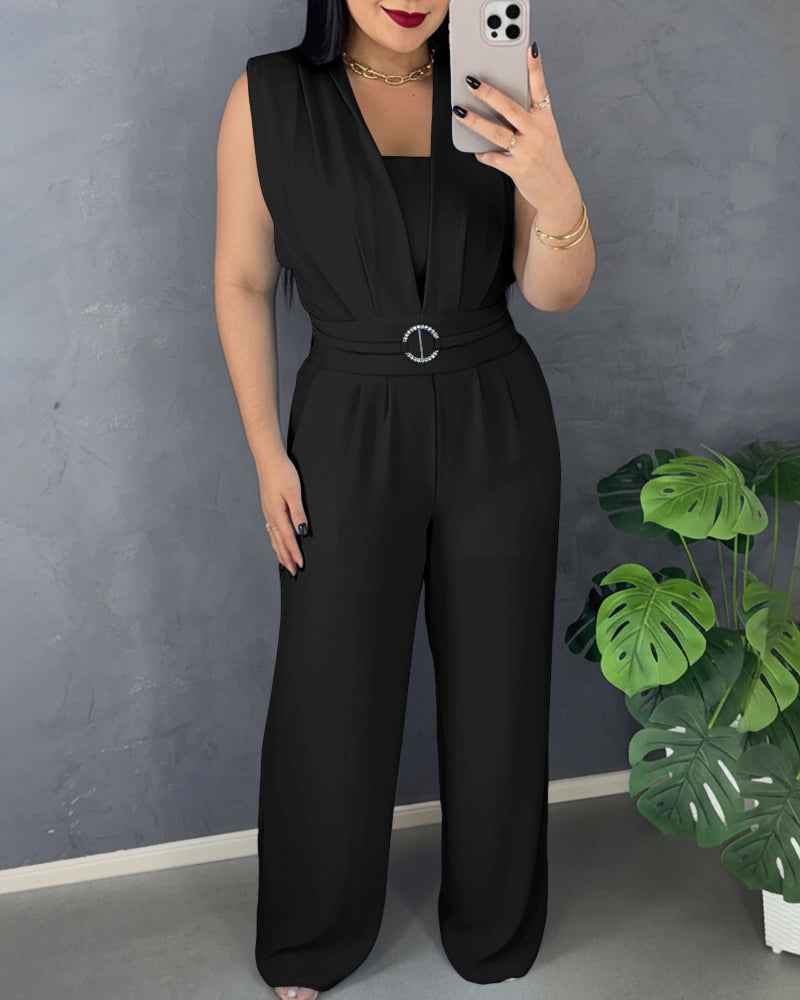 Elegant Chic Wide-Leg Jumpsuit with Pockets and Adjustable Straps